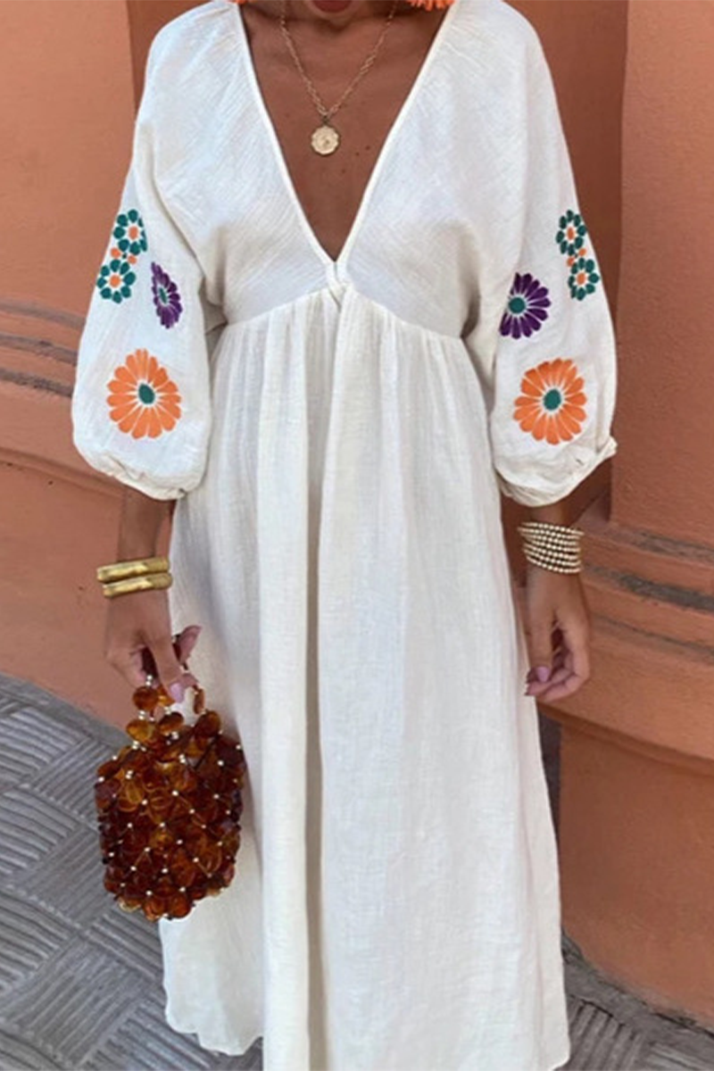 Casual Flowers Embroidered Lace Up Backless V Neck A Line Dresses - Fashionpara