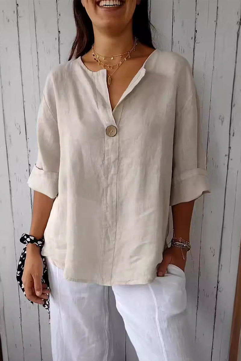 Casual Daily Solid Color Buttons V Neck T-Shirts - Fashionpara