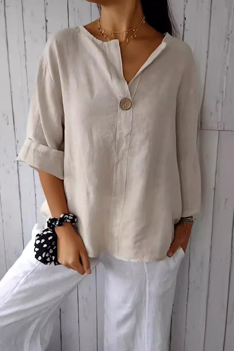 Casual Daily Solid Color Buttons V Neck T-Shirts - Fashionpara