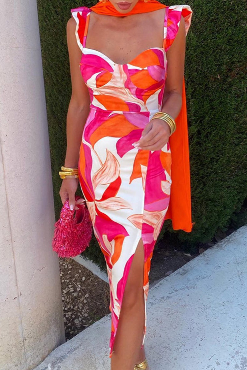 Sexy Print Slit Square Neck Wrapped Skirt Dresses - Fashionpara