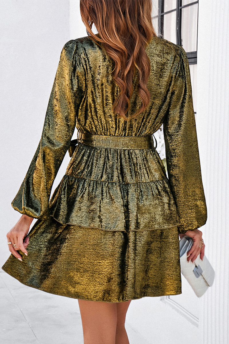 Casual Street Solid Color Lace Up Reflective V Neck A Line Dresses(4 Colors) - Fashionpara