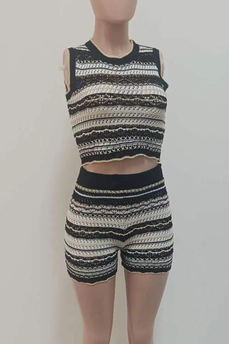 Casual Stripe Patchwork O Neck Sleeveless Two Pieces - Fashionpara