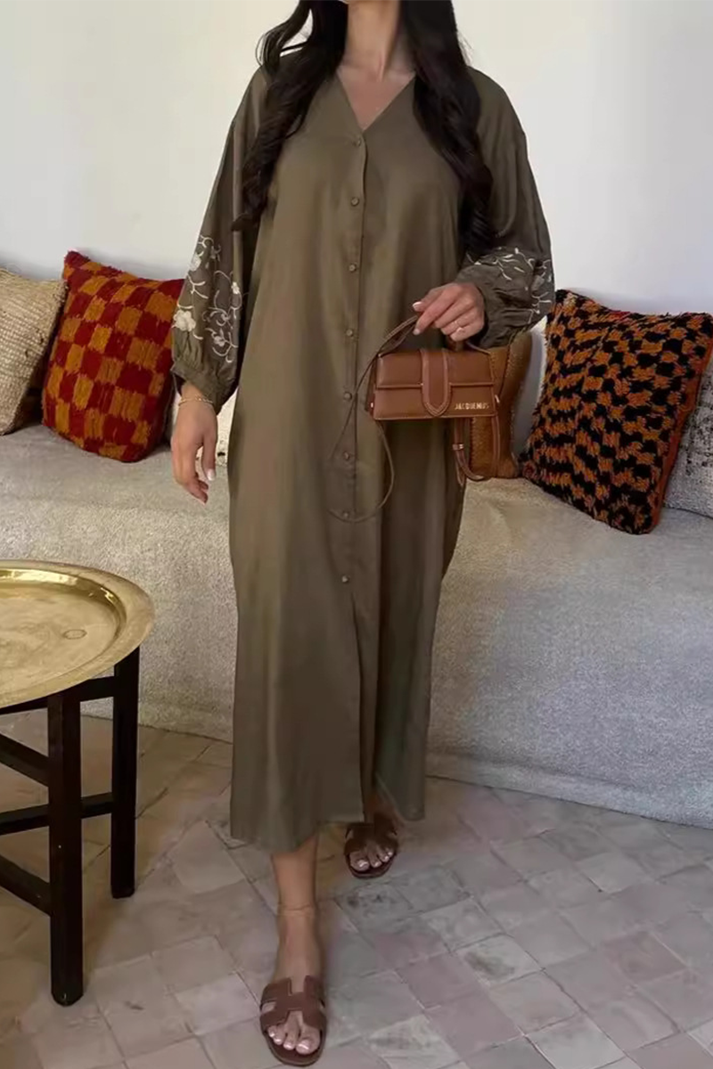 Casual Flowers Buckle Patchwork V Neck A Line Dresses - Fashionpara