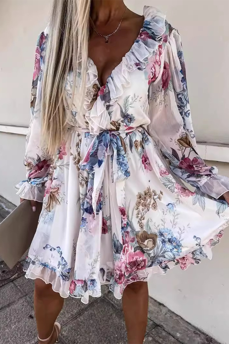 Sexy Floral Print Lace Up Ruffle V Neck Waist Skirt Dresses - Fashionpara