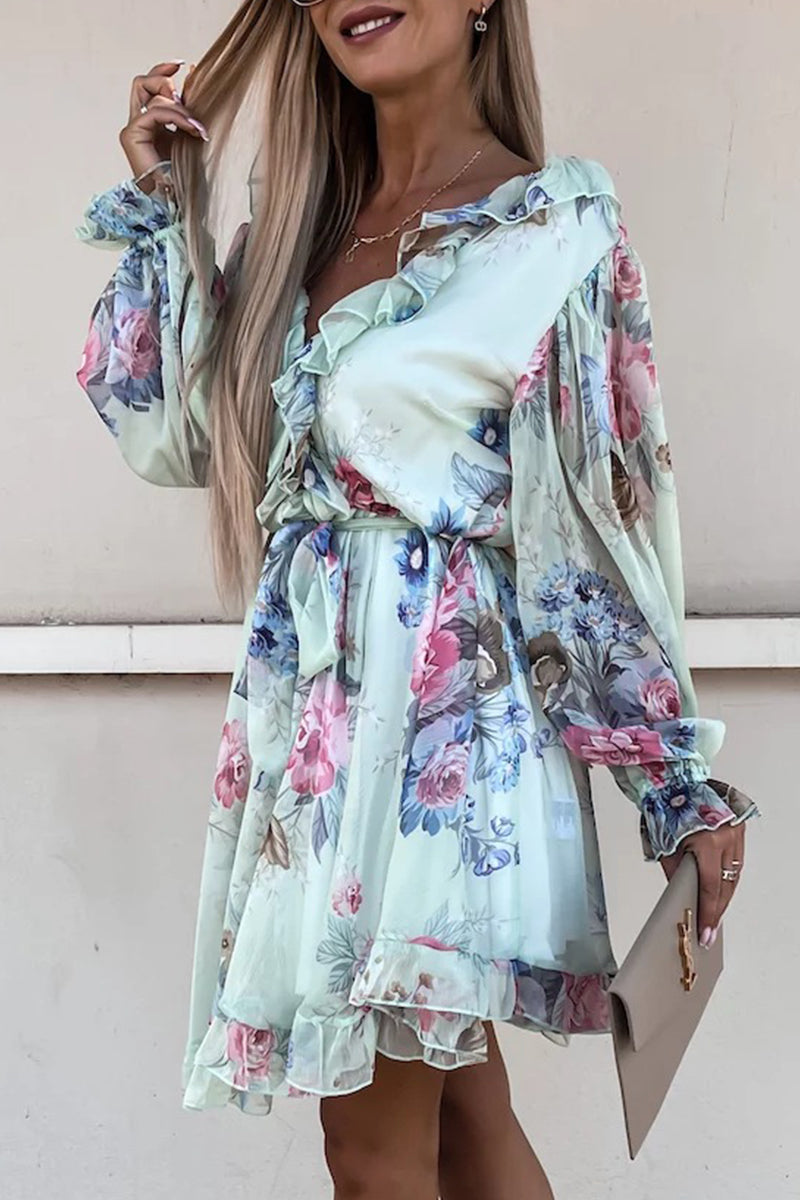 Sexy Floral Print Lace Up Ruffle V Neck Waist Skirt Dresses - Fashionpara