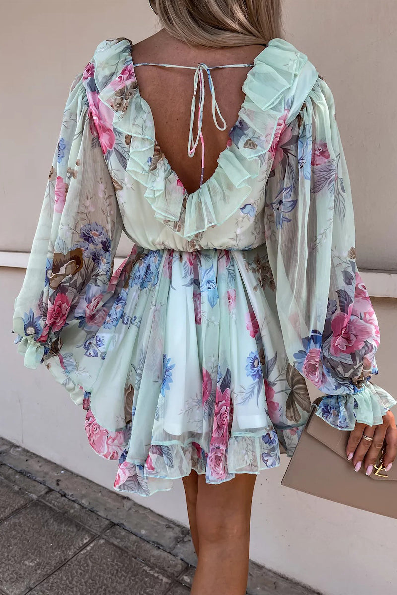Sexy Floral Print Lace Up Ruffle V Neck Waist Skirt Dresses - Fashionpara