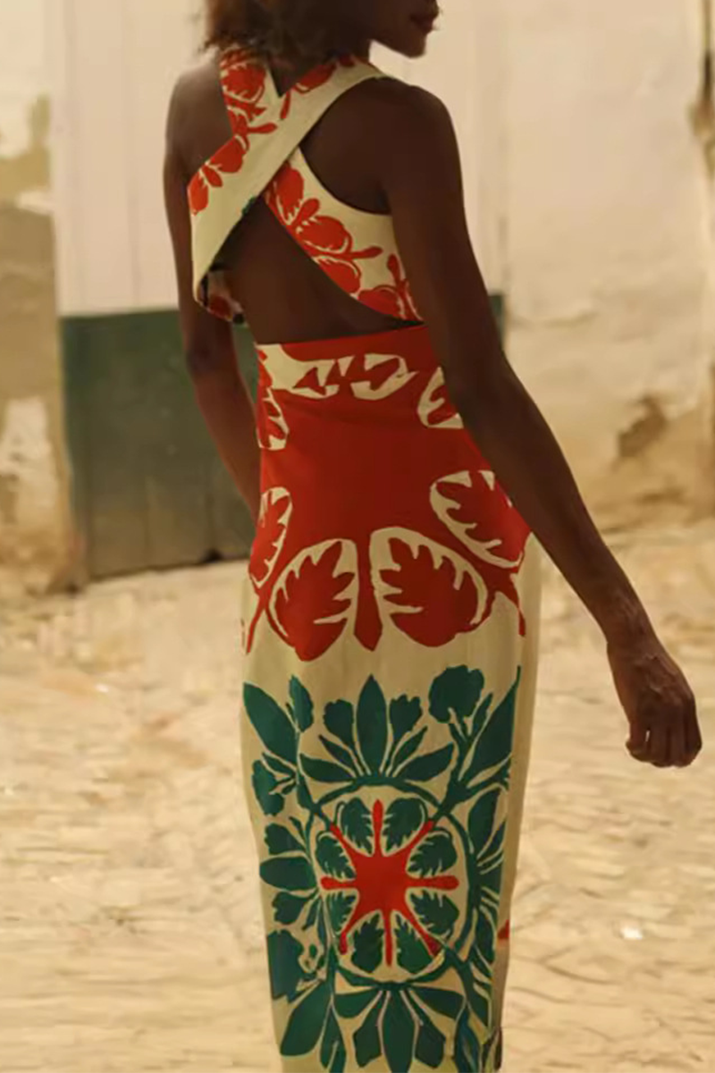 Sexy Geometric Print Patchwork Backless Square Neck One Step Skirt Dresses - Fashionpara