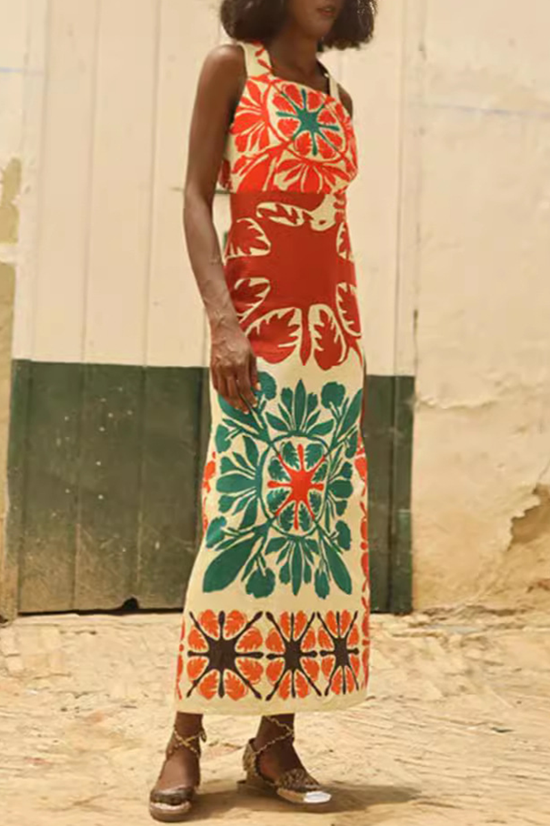 Sexy Geometric Print Patchwork Backless Square Neck One Step Skirt Dresses - Fashionpara