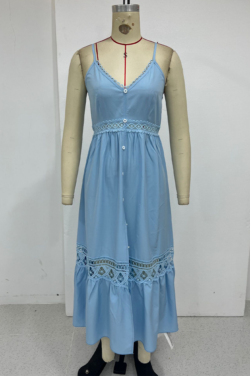 Sexy Vacation Solid Color Hollow Out Buttons Slit V Neck Sling Dresses - Fashionpara