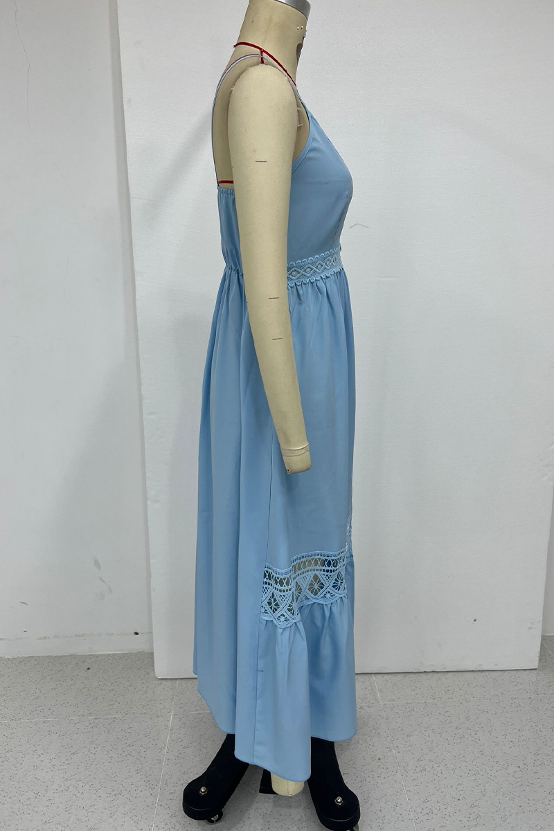 Sexy Vacation Solid Color Hollow Out Buttons Slit V Neck Sling Dresses - Fashionpara