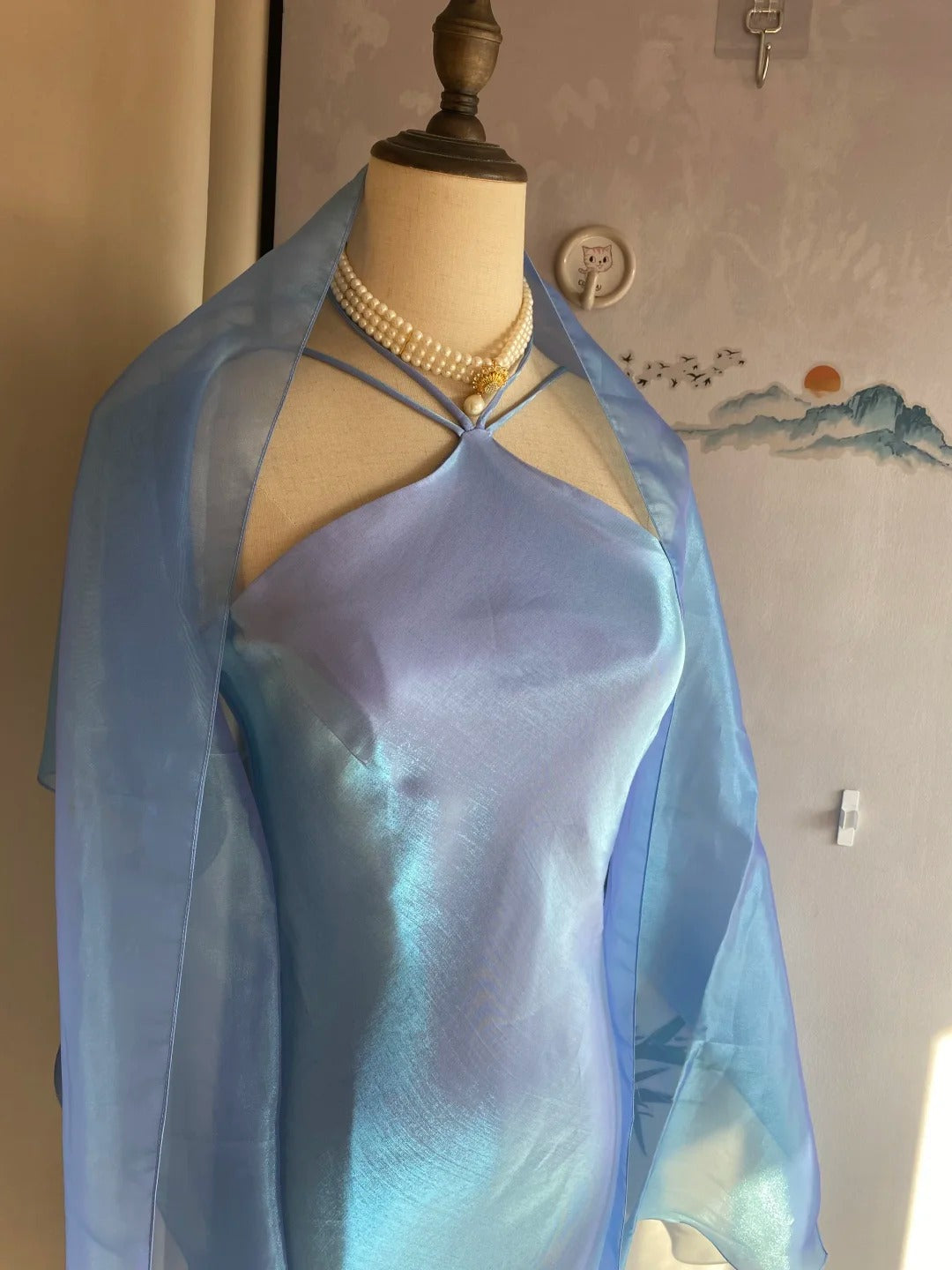 Elegant Blue Halter Neck Mermaid Satin Long Prom Dress Evening Dress P4172