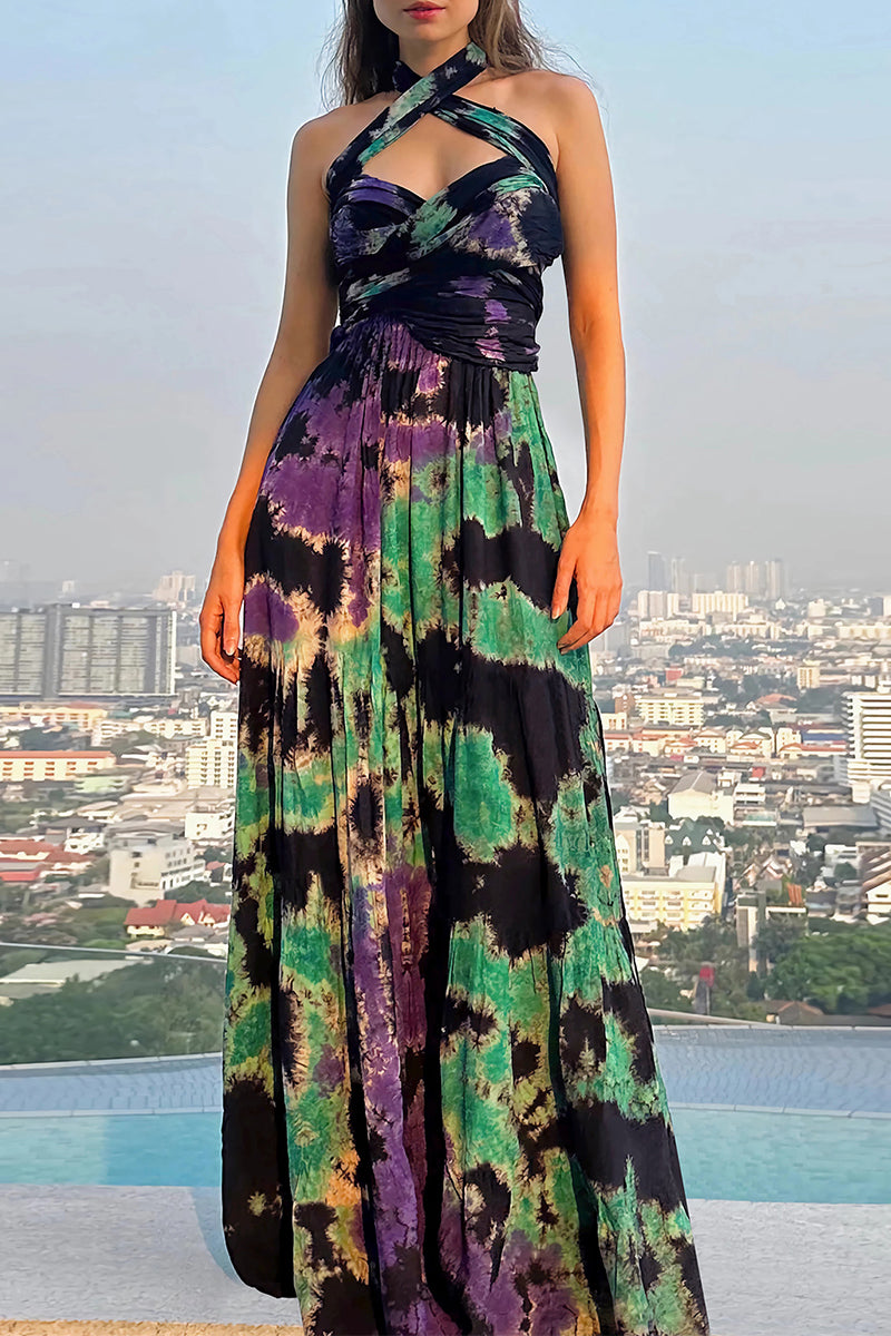 Sexy Tie Dye Print Cross Straps Contrast V Neck Sleeveless Dresses(A variety of binding methods)(3 Colors)