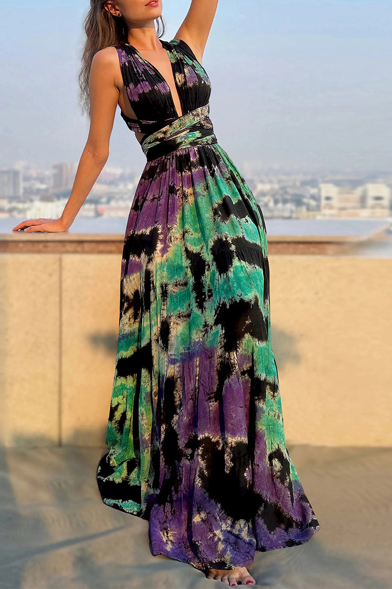 Sexy Tie Dye Print Cross Straps Contrast V Neck Sleeveless Dresses(A variety of binding methods)(3 Colors)