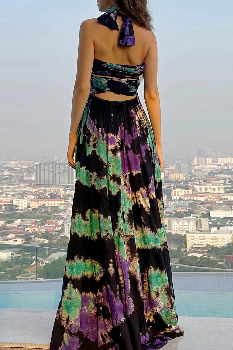 Sexy Tie Dye Print Cross Straps Contrast V Neck Sleeveless Dresses(A variety of binding methods)(3 Colors)