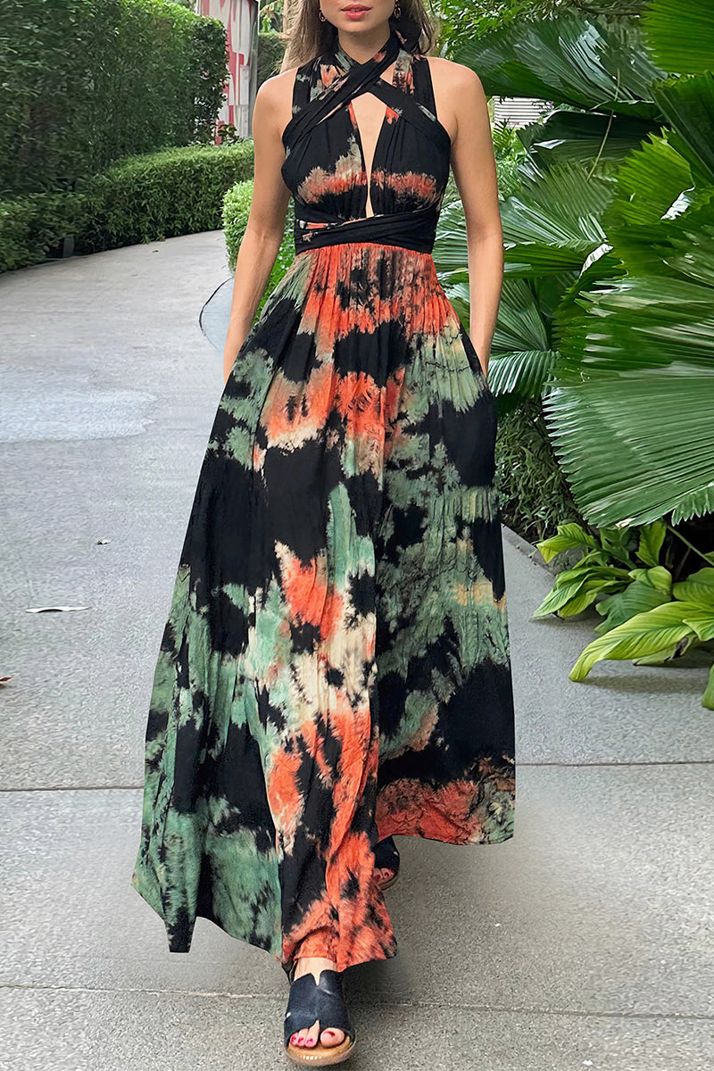 Sexy Tie Dye Print Cross Straps Contrast V Neck Sleeveless Dresses(A variety of binding methods)(3 Colors)