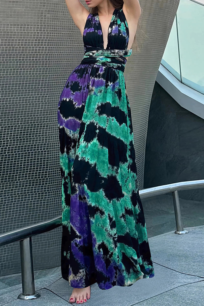 Sexy Tie Dye Print Cross Straps Contrast V Neck Sleeveless Dresses(A variety of binding methods)(3 Colors)
