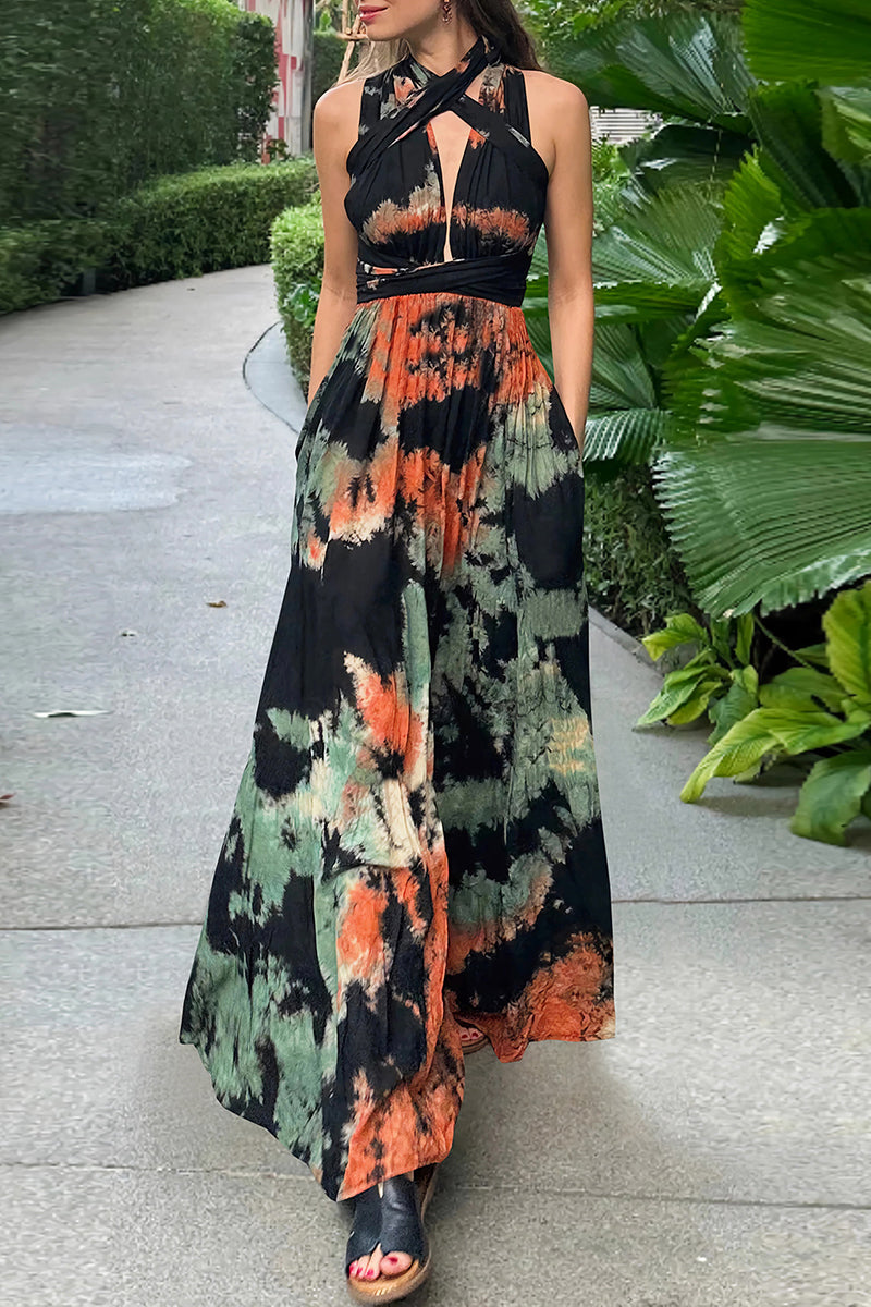 Sexy Tie Dye Print Cross Straps Contrast V Neck Sleeveless Dresses(A variety of binding methods)(3 Colors)