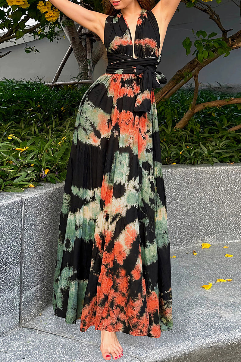 Sexy Tie Dye Print Cross Straps Contrast V Neck Sleeveless Dresses(A variety of binding methods)(3 Colors)