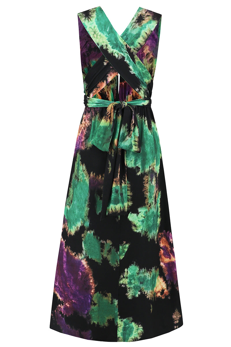 Sexy Tie Dye Print Cross Straps Contrast V Neck Sleeveless Dresses(A variety of binding methods)(3 Colors)