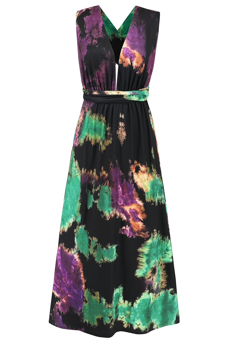 Sexy Tie Dye Print Cross Straps Contrast V Neck Sleeveless Dresses(A variety of binding methods)(3 Colors)