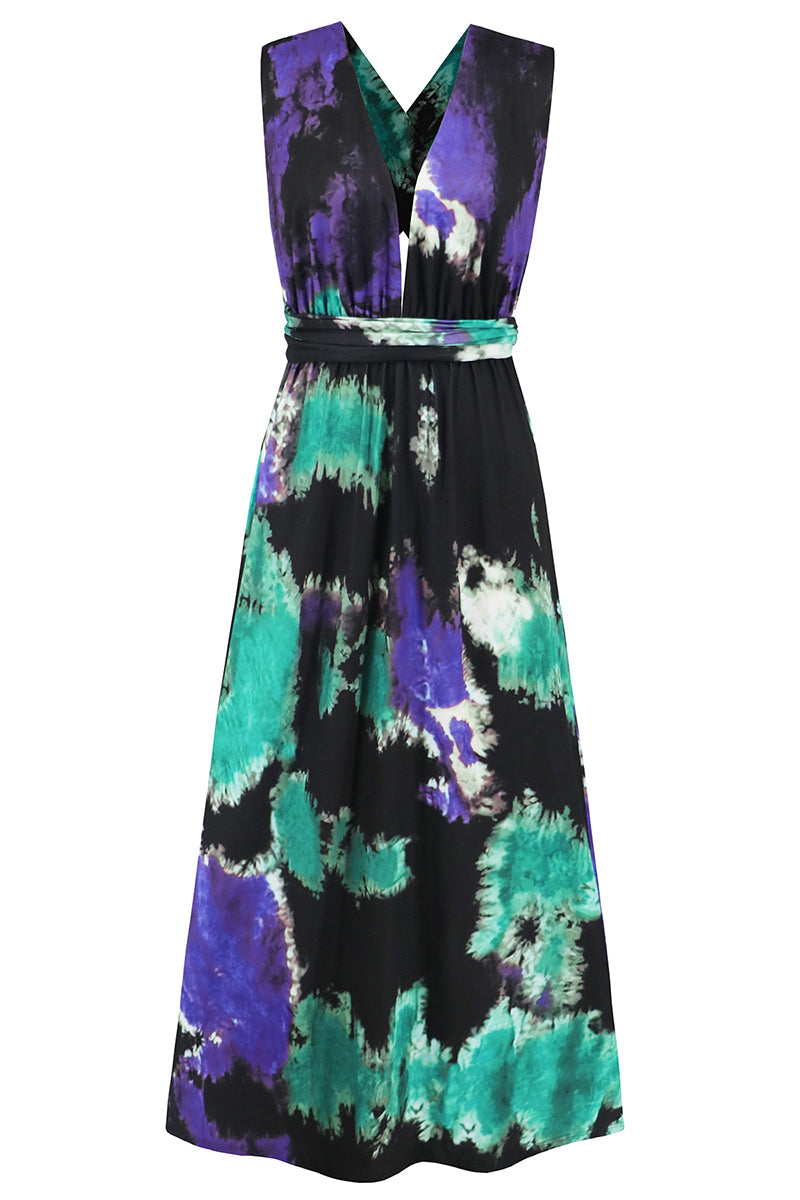 Sexy Tie Dye Print Cross Straps Contrast V Neck Sleeveless Dresses(A variety of binding methods)(3 Colors)