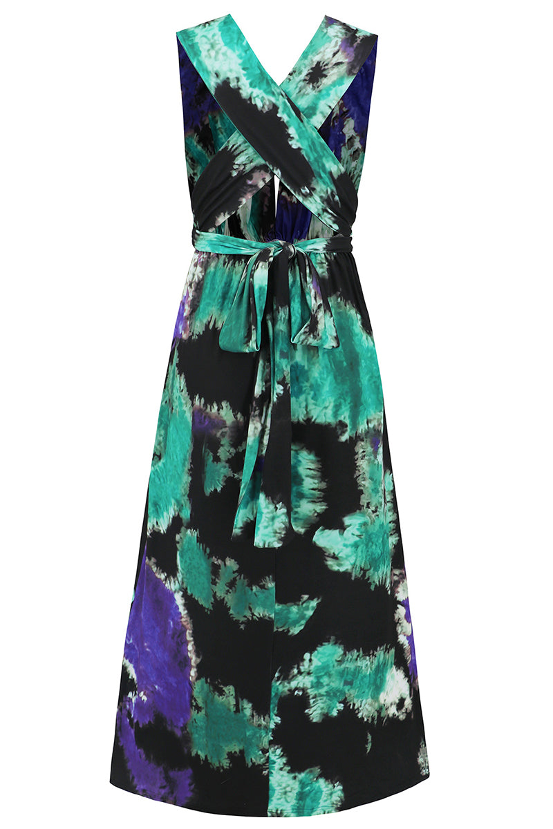 Sexy Tie Dye Print Cross Straps Contrast V Neck Sleeveless Dresses(A variety of binding methods)(3 Colors)