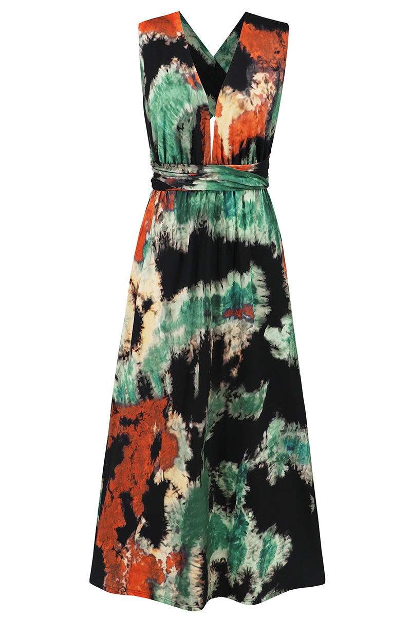 Sexy Tie Dye Print Cross Straps Contrast V Neck Sleeveless Dresses(A variety of binding methods)(3 Colors)