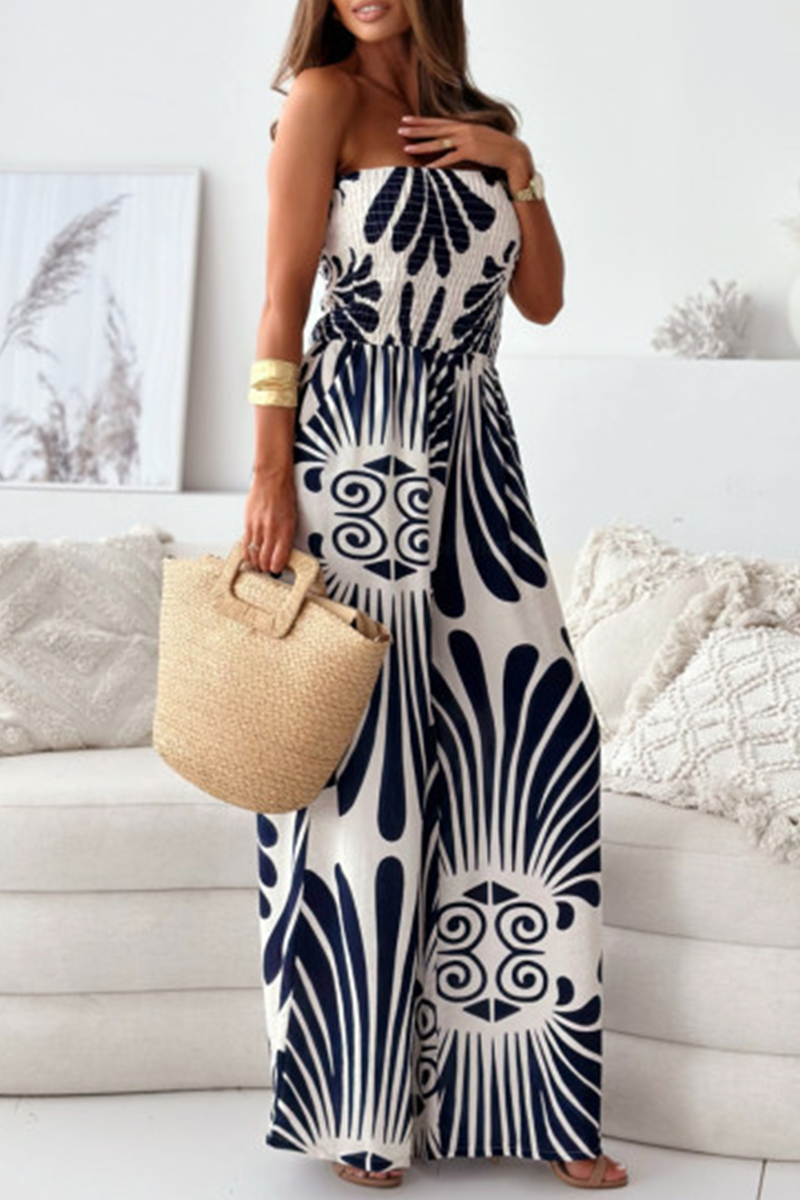 Casual Street Striped Print Pocket Contrast Strapless Loose Jumpsuits(4 Colors) - Fashionpara