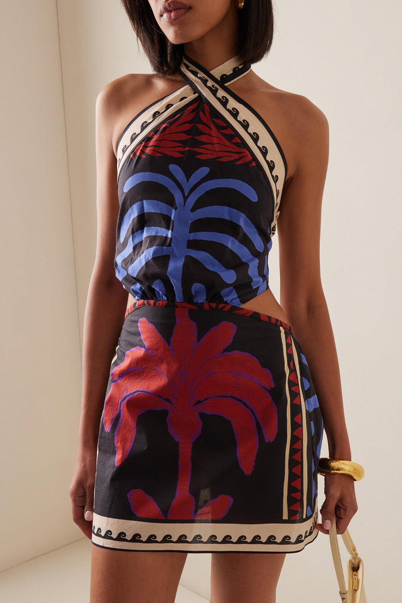 Sexy Vacation Plants Print Lace Up Backless Halter One Step Skirt Dresses - Fashionpara