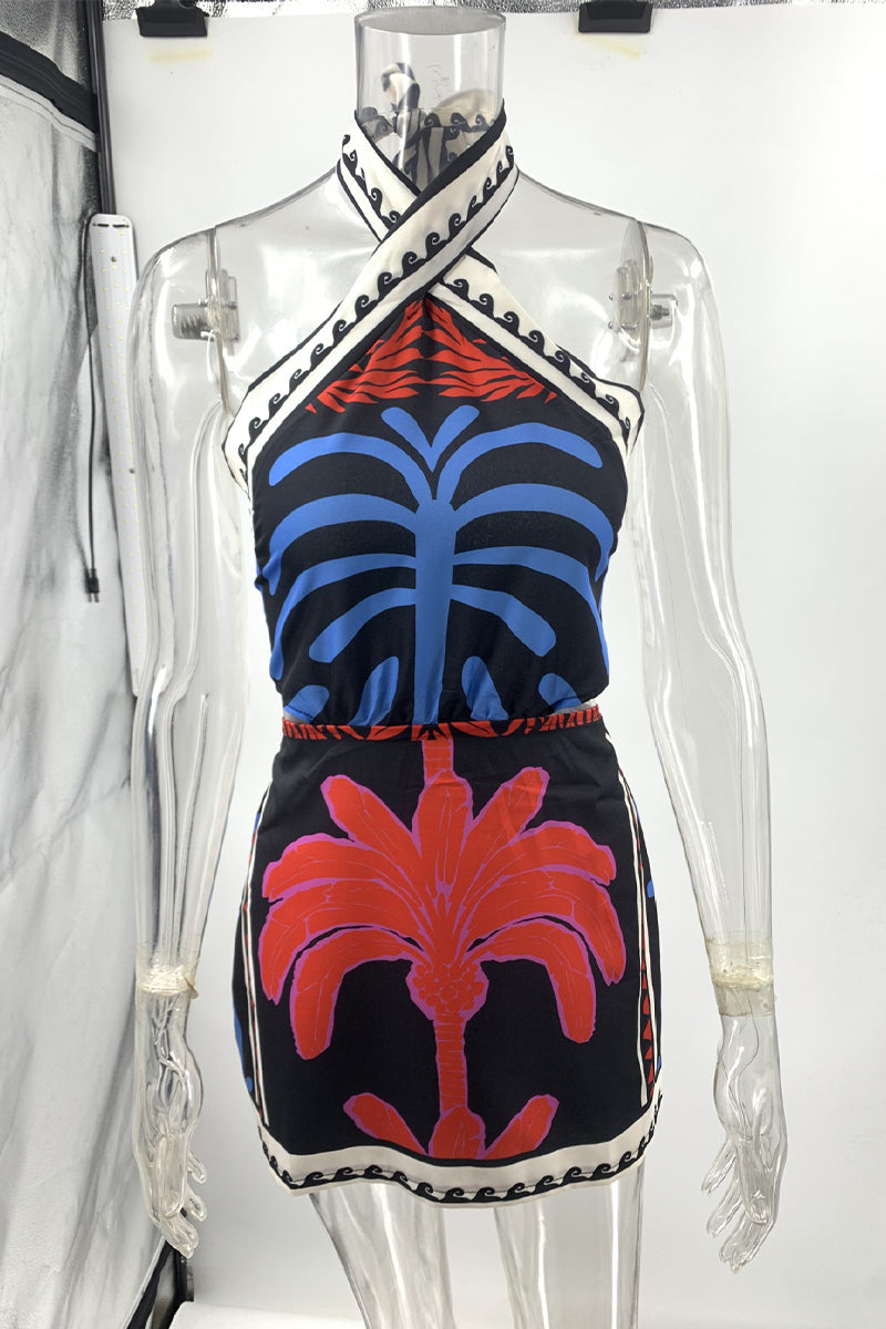 Sexy Vacation Plants Print Lace Up Backless Halter One Step Skirt Dresses - Fashionpara