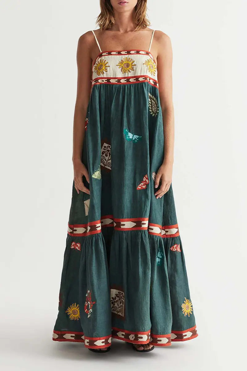 Sexy Vacation Graffiti Print Patchwork Square Neck Sling Dresses Fashionpara