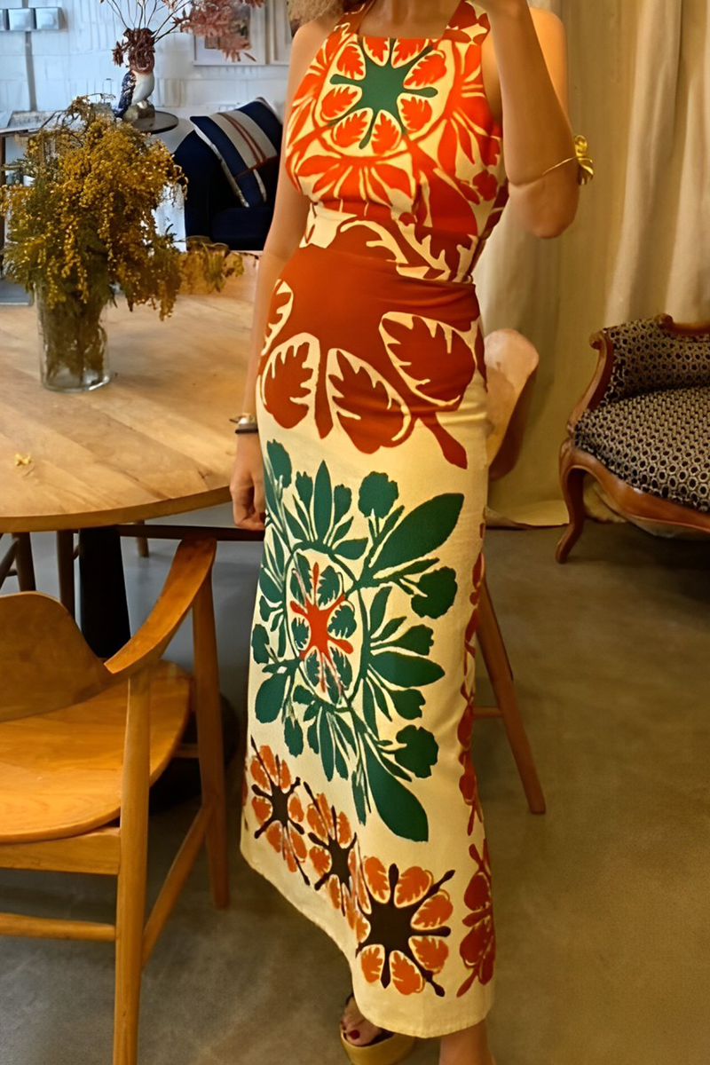 Sexy Geometric Print Patchwork Backless Square Neck One Step Skirt Dresses - Fashionpara