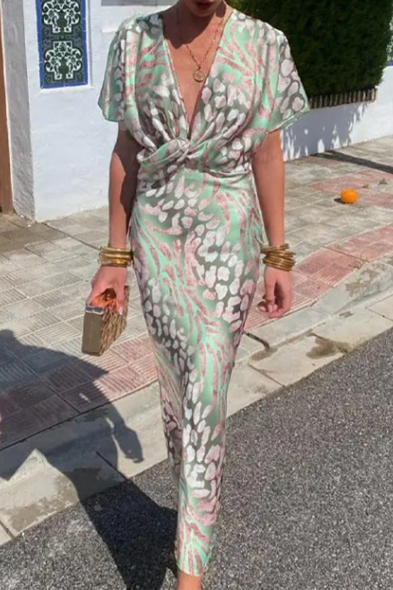 Sexy Floral Print Ruched V Neck A Line Dresses - Fashionpara