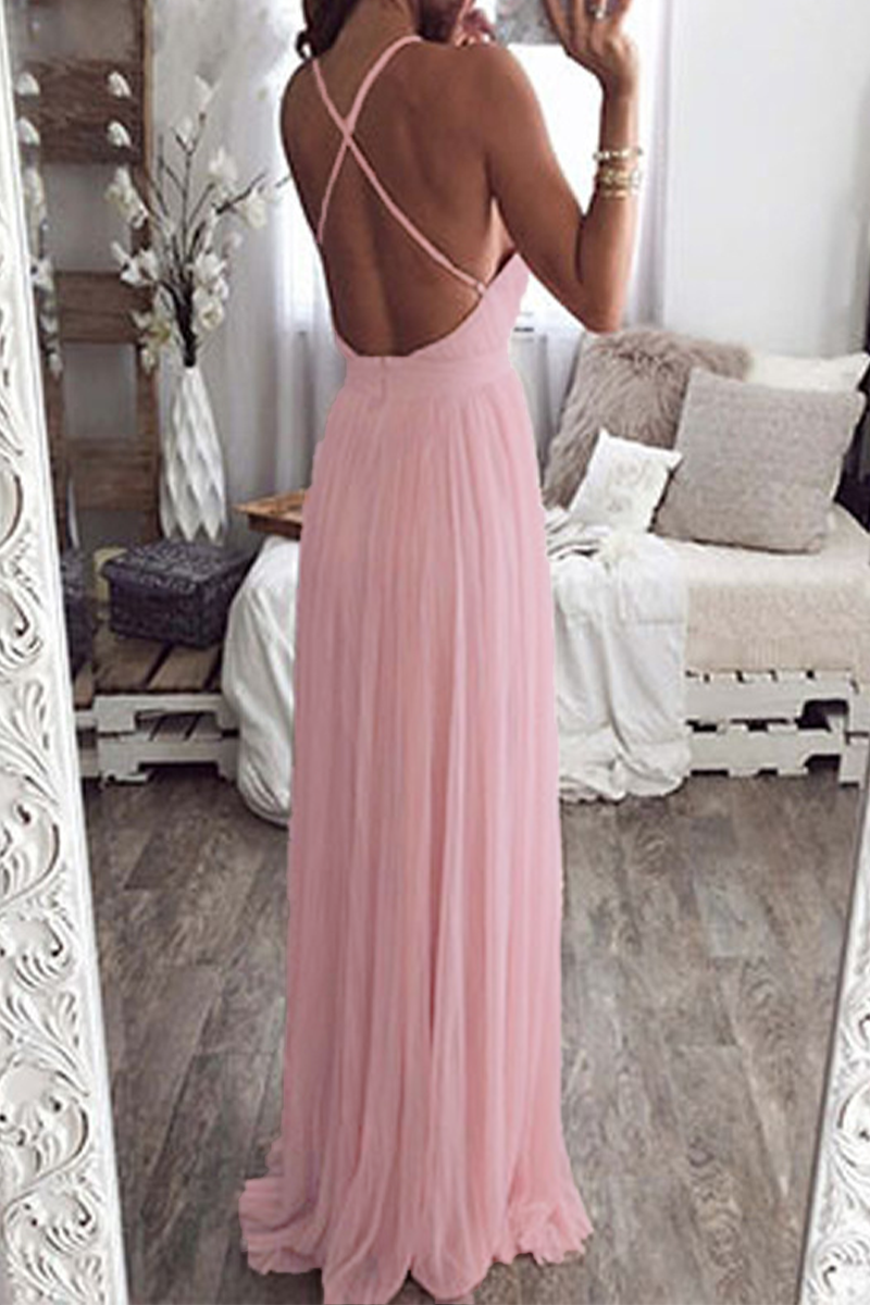 Sexy Solid Color Backless Mesh V Neck Evening Dresses - Fashionpara