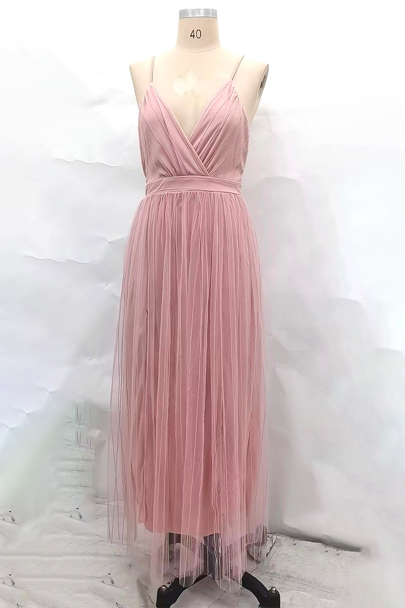 Sexy Solid Color Backless Mesh V Neck Evening Dresses - Fashionpara