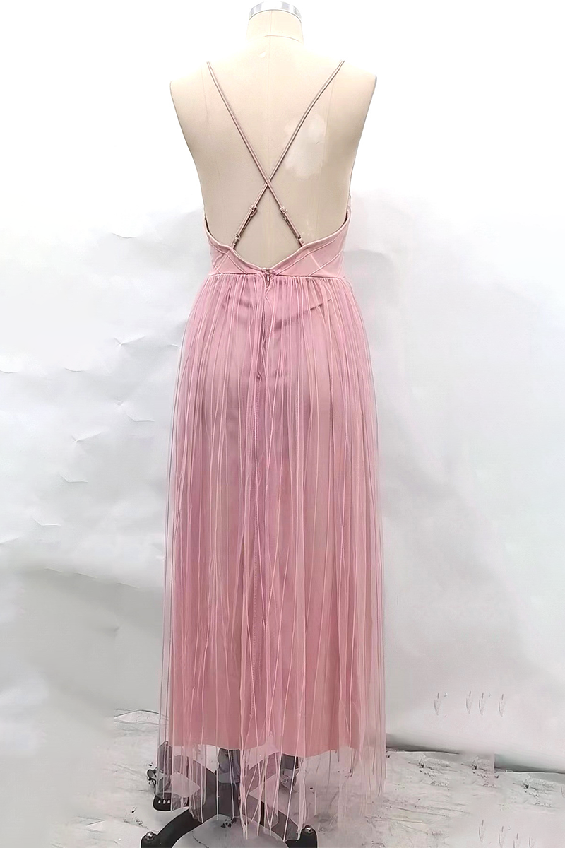 Sexy Solid Color Backless Mesh V Neck Evening Dresses - Fashionpara