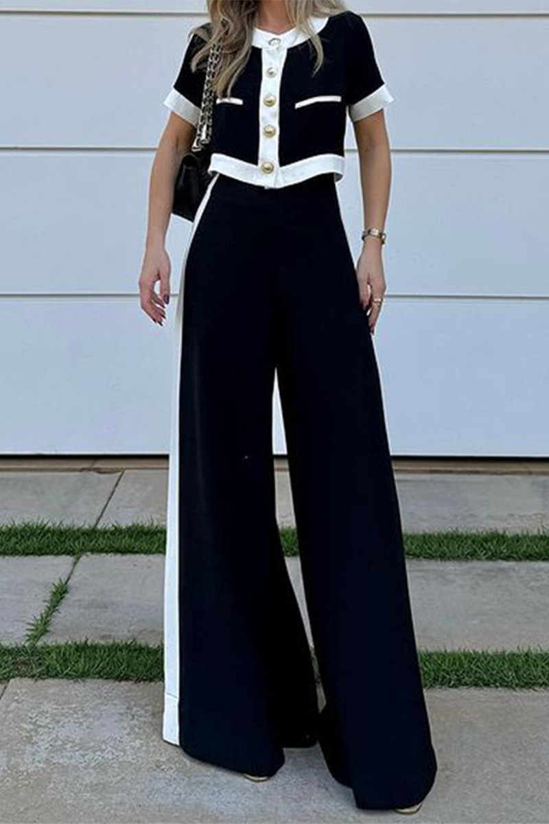 Casual Street Solid Color Buttons Contrast Short Sleeve Two Pieces - Fashionpara