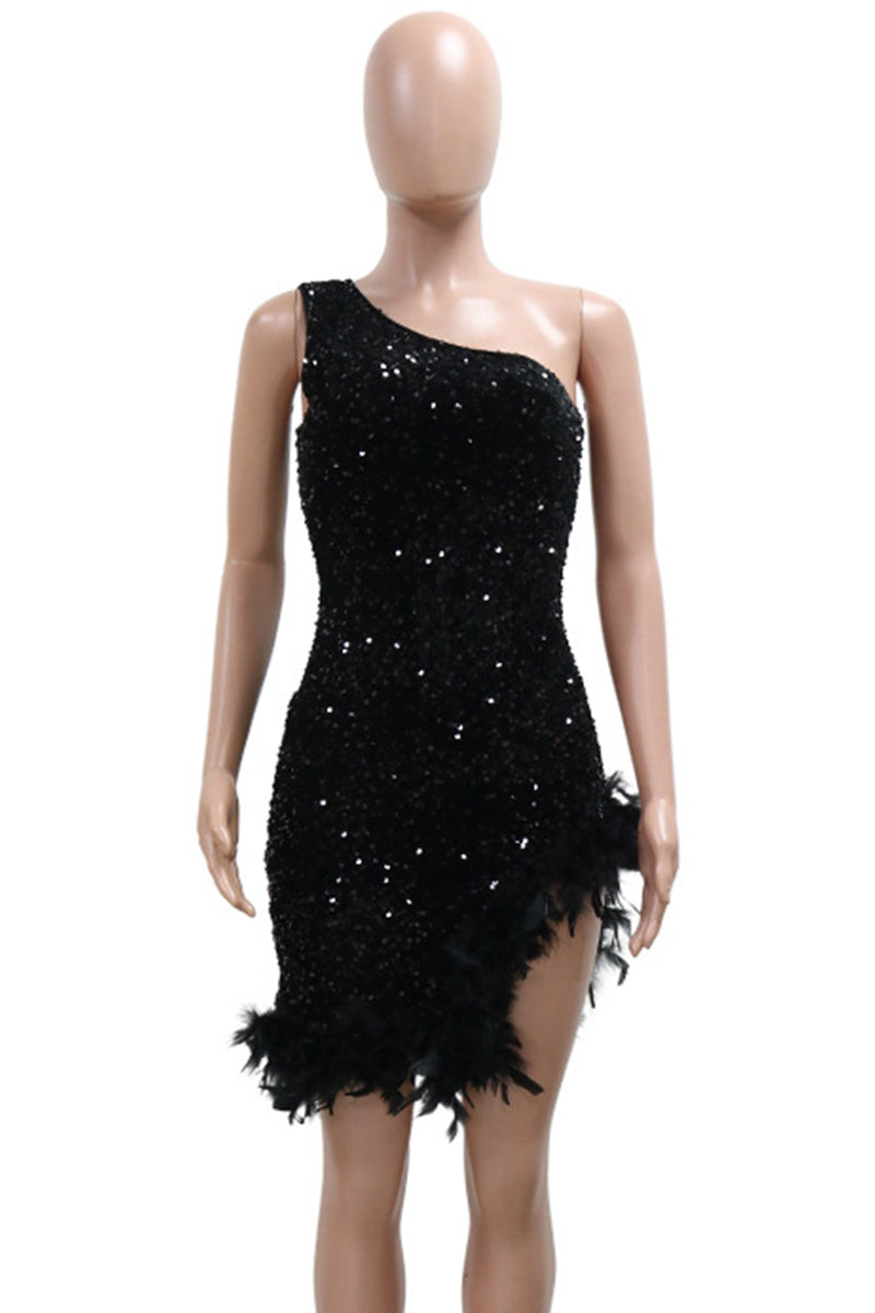 Sexy Sequins Patchwork Backless Feather Hemline Oblique Collar Wrapped Skirt Dresses - Fashionpara