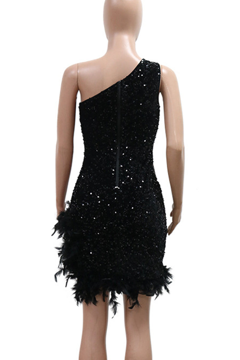 Sexy Sequins Patchwork Backless Feather Hemline Oblique Collar Wrapped Skirt Dresses - Fashionpara