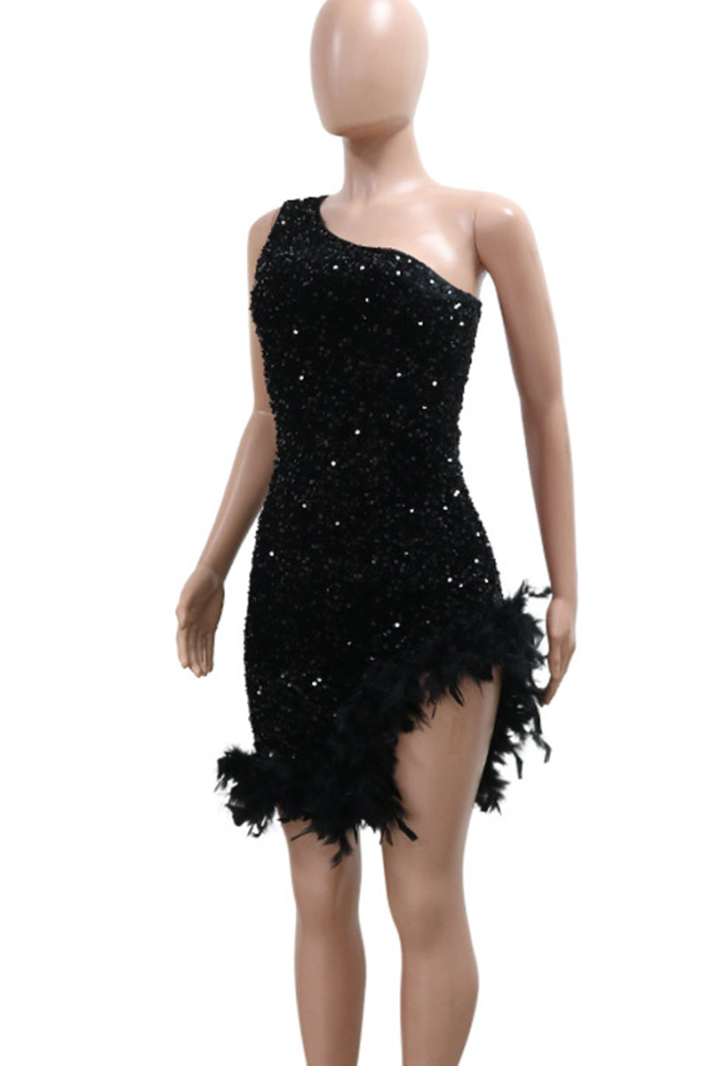 Sexy Sequins Patchwork Backless Feather Hemline Oblique Collar Wrapped Skirt Dresses - Fashionpara