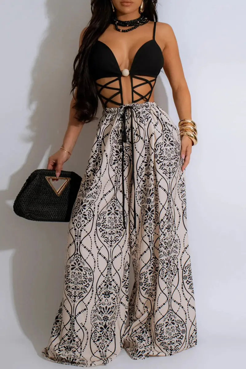 Sexy Print Hollow Out Patchwork Backless Spaghetti Strap Loose Jumpsuits Fashionpara
