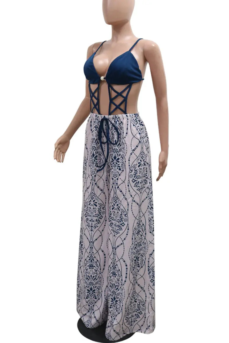 Sexy Print Hollow Out Patchwork Backless Spaghetti Strap Loose Jumpsuits Fashionpara
