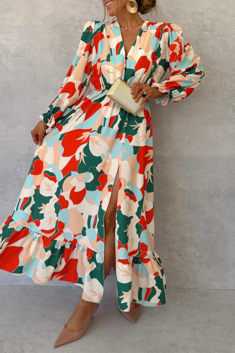 Elegant Floral Print Ruffle Ruched Contrast V Neck A Line Dresses - Fashionpara