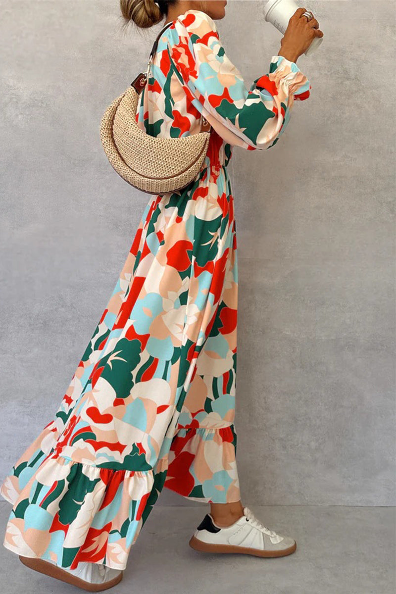 Elegant Floral Print Ruffle Ruched Contrast V Neck A Line Dresses - Fashionpara