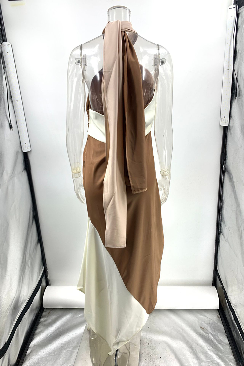 Casual Colorblock Patchwork Irregular Contrast Halter Irregular Dresses - Fashionpara