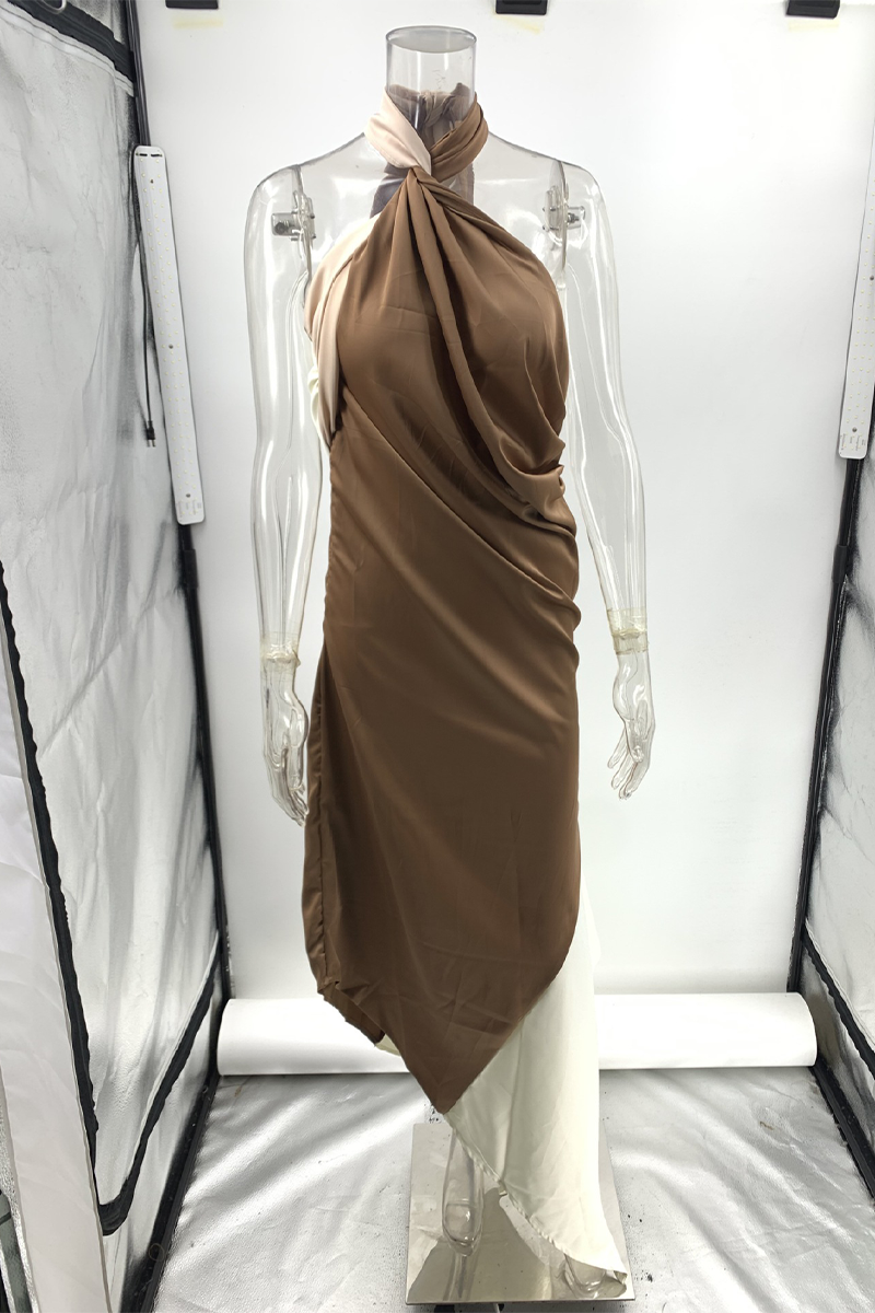 Casual Colorblock Patchwork Irregular Contrast Halter Irregular Dresses - Fashionpara