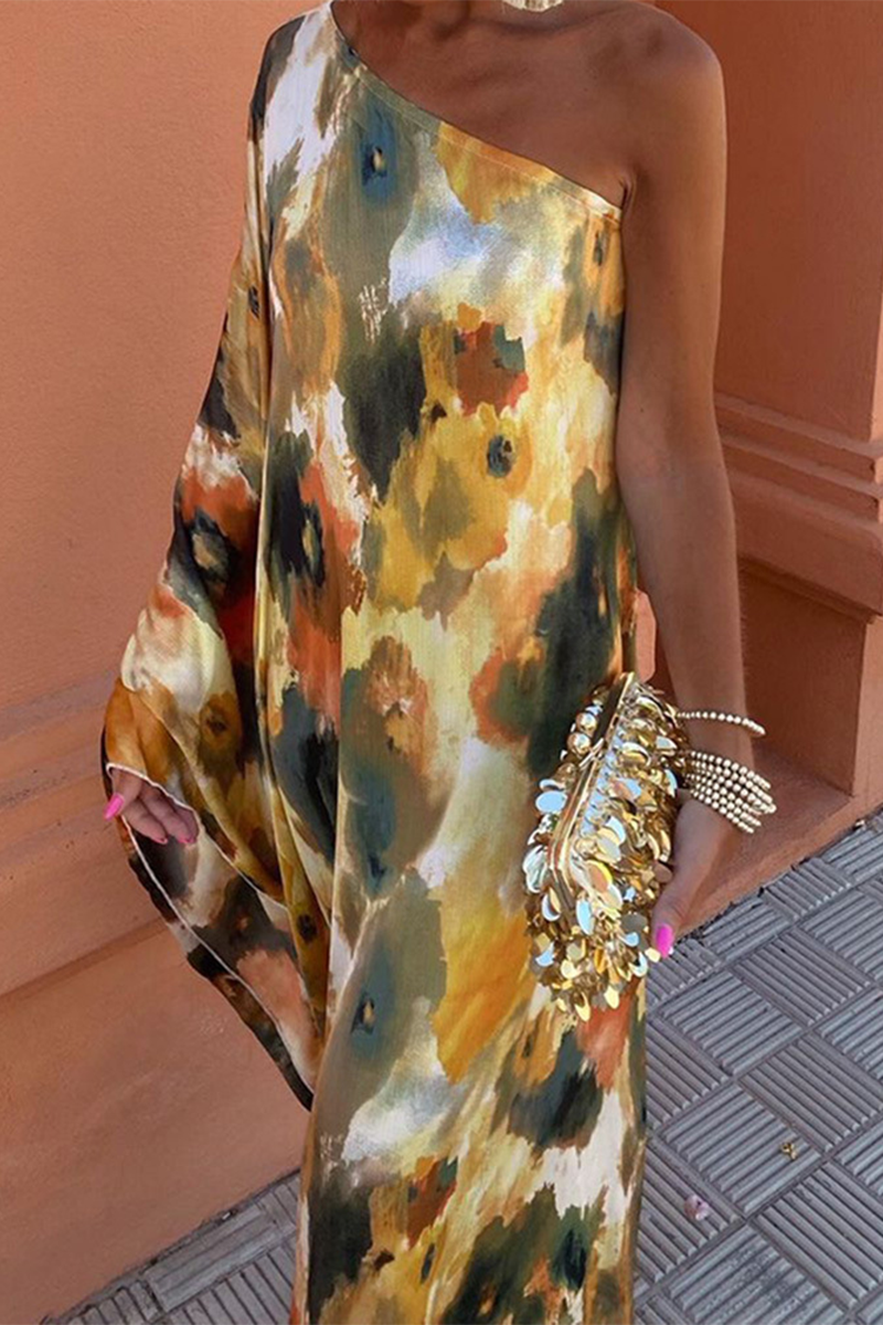 Casual Street Geometric Print Irregular Contrast Sloping Shoulder Irregular Dresses - Fashionpara