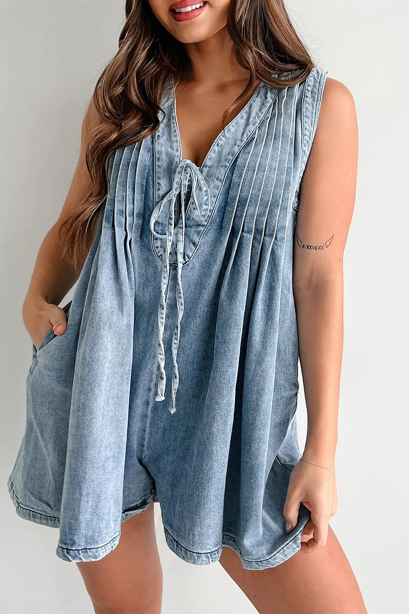 Casual Street Pocket Lace Up V Neck Sleeveless Loose Denim Jumpsuits(9 Colors) - Fashionpara