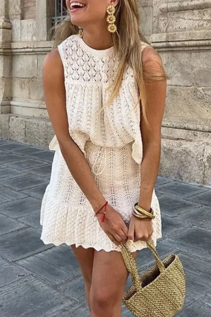 Casual Street Solid Color Hollow Out Weave O Neck Sleeveless Two Pieces - Fashionpara