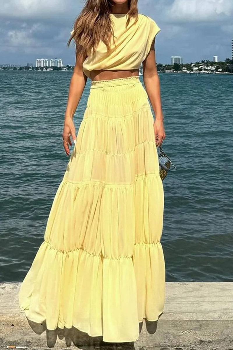 Vacation Elegant Patchwork Ruffle O Neck Short Sleeve Two Pieces - Fashionpara